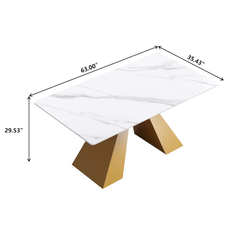 63"Modern artificial stone white straight edge metal leg dining table -6 people