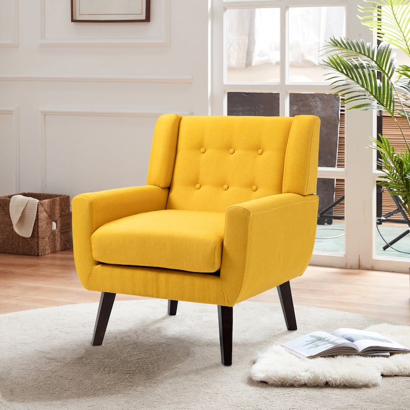 Modern Upholstered Faux Leather Tufted Armchair Linen Accent Chairs - 1-piece Chair - Yellow/Linen
