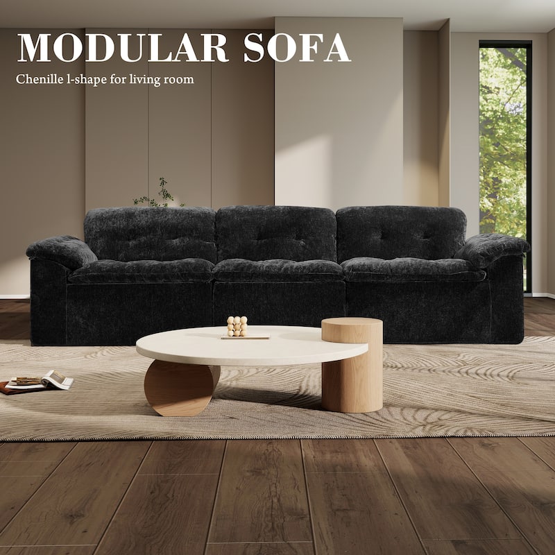 Rossetta 3-Seater Luxury Cloud Chenille Modular Sofa with Adjustable Footrest - Black