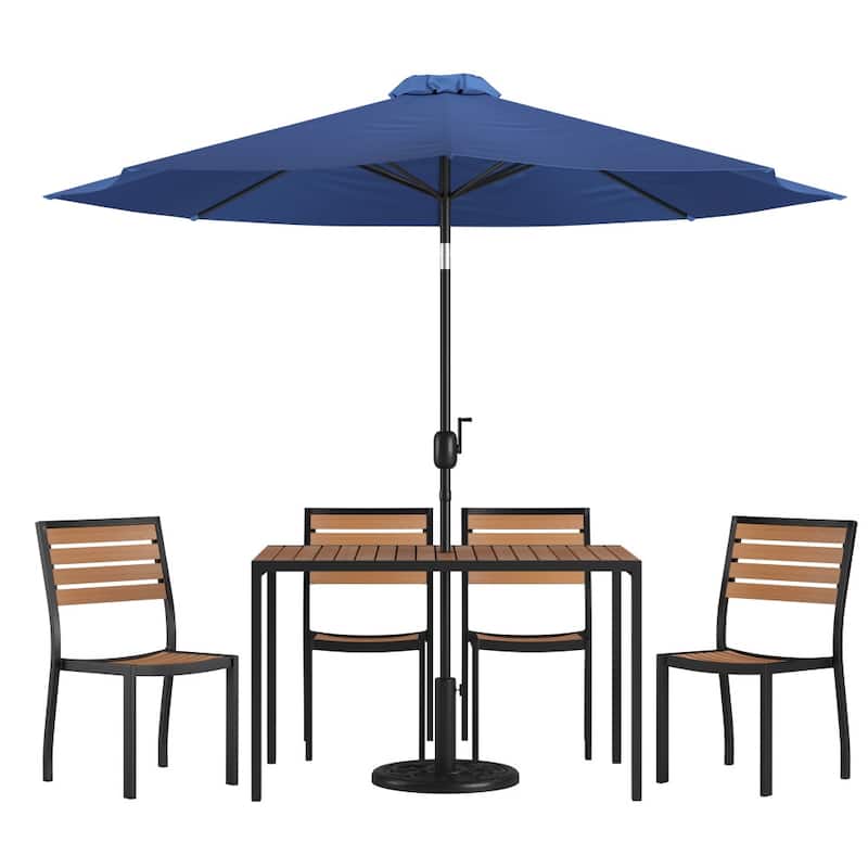 Faux Teak Patio Table, 4 Chairs & 9FT Patio Umbrella with Base