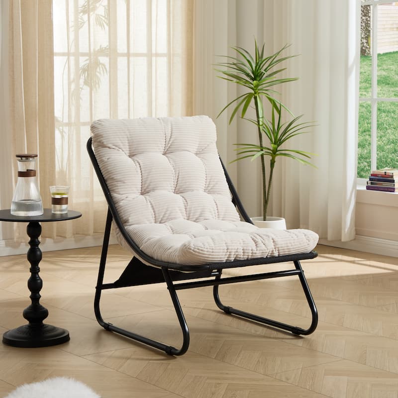 Patio Outdoor Lounge Chair with Ottoman, Comfy Sling Recliner Chair with Puffy Cushion and Foot Stool for Living Room