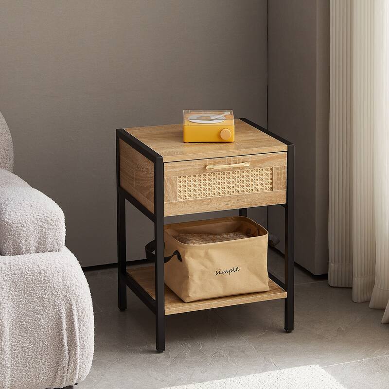 15.74" Rattan Nightstand with Smooth Sliding Drawer, MDF and Metal Design, 120 lbs Capacity