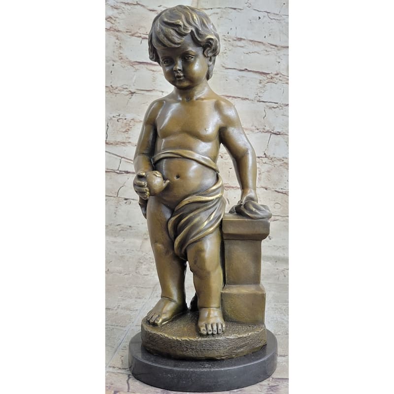 Young Boy Child Cherub Holding Apple Clical Hot Cast Bronze Statue Sculpture Decor