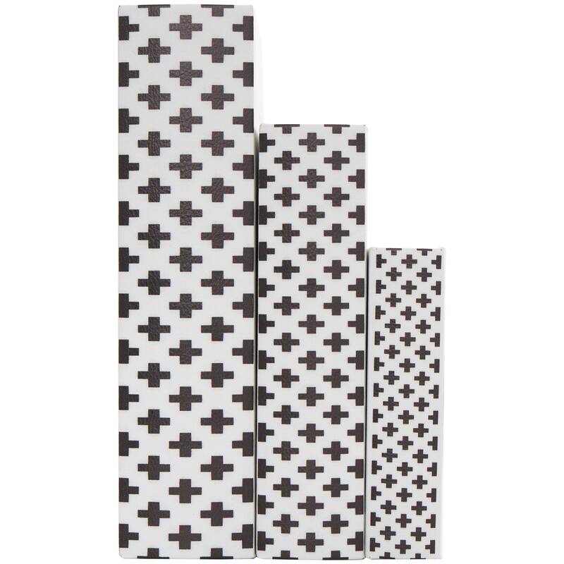 White Wooden Eat, Pray, Love Faux Storage Book Box with Checkered Spine and Gold Accents (Set of 3)