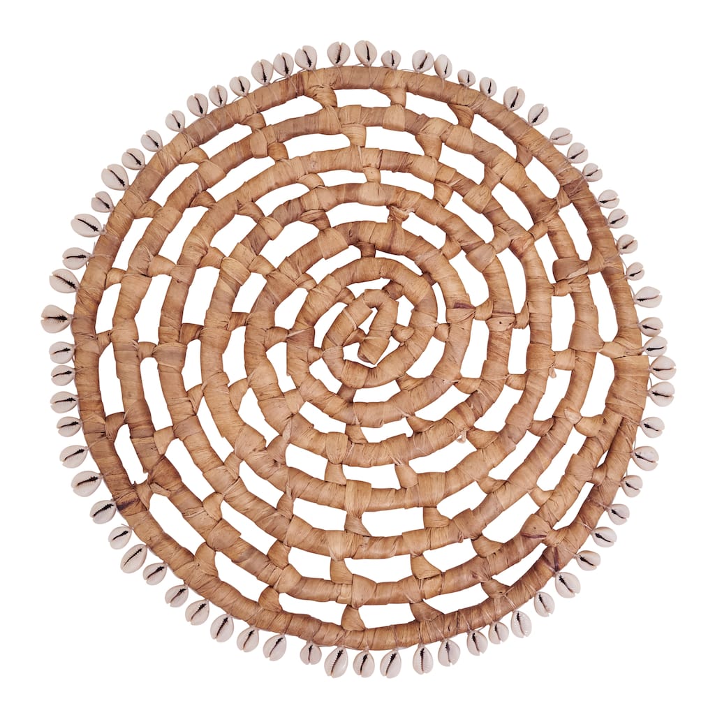 Shell Trimmed Water Hyacinth Round Placemats (Set of 4) - Handwoven Coastal Woven Design for Dining, Table Settings, 15"
