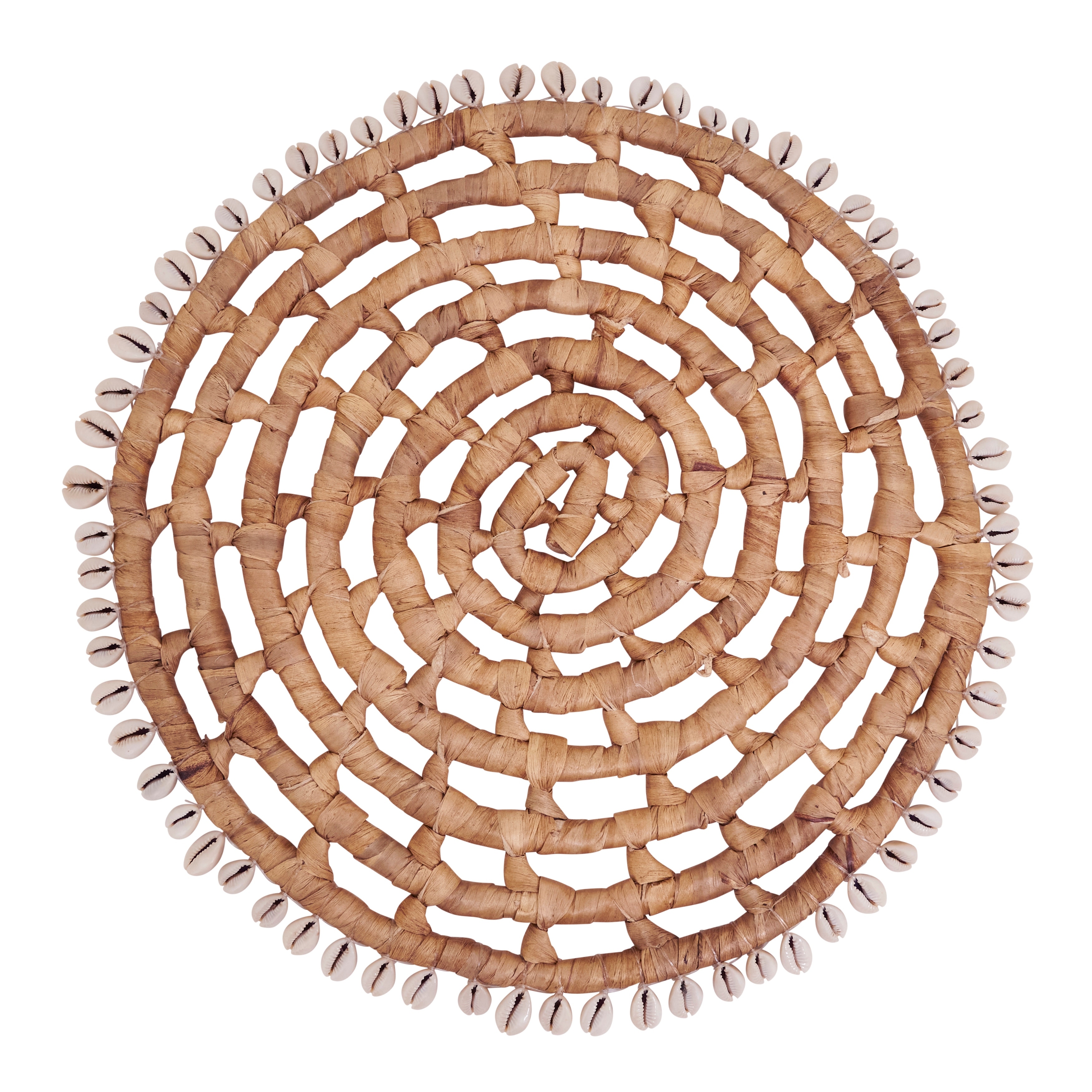 Shell Trimmed Water Hyacinth Round Placemats (Set of 4) - Handwoven Coastal Woven Design for Dining, Table Settings, 15"