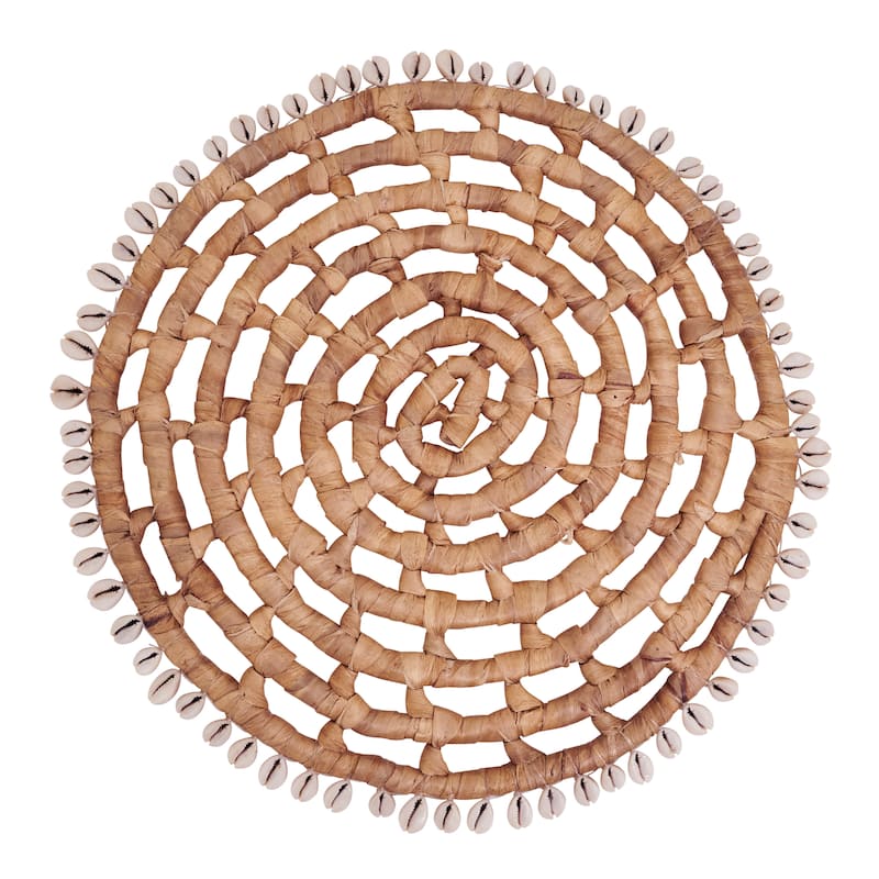 Shell Trimmed Water Hyacinth Round Placemats (Set of 4) - Handwoven Coastal Woven Design for Dining, Table Settings, 15" - Set of 4 - 15"x15" - Natural