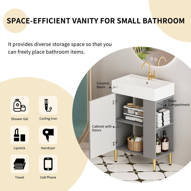21.6" Open-Shelving Bathroom Vanity with Ceramic Sink and Cabinet