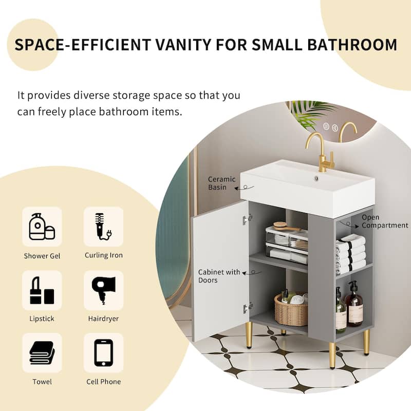 Open-shelving Bathroom Vanity with Ceramic Sink and Soft-Closing Door, Cloakroom Open Shelf Storage Cabinet on the Left Side