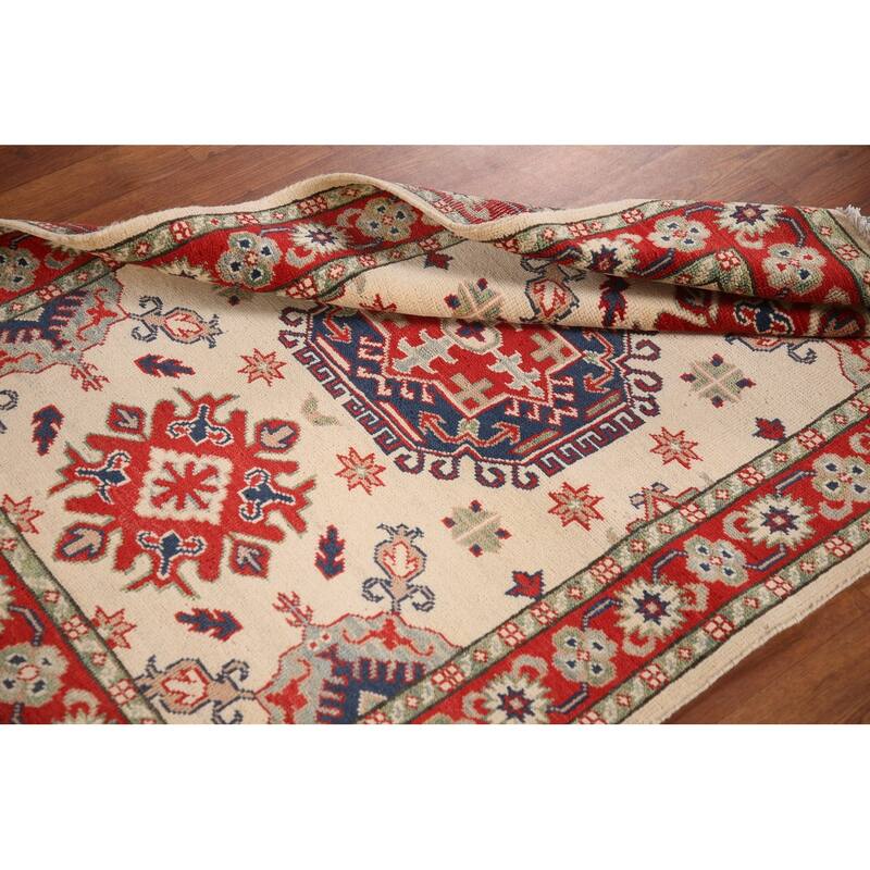 Ivory / Beige Kazak Oriental Accent Rug Hand-Knotted Wool Carpet - 3'2"x 4'8"
