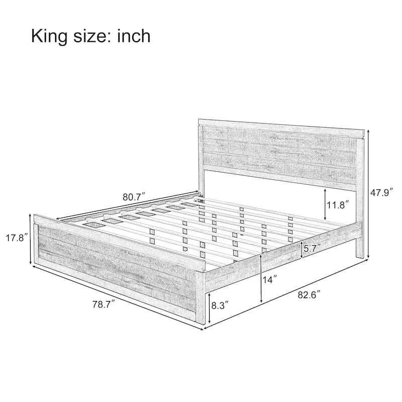 Vintage Farmhouse Style Platform Bed with 10 Wooden Slats Support for Bedroom