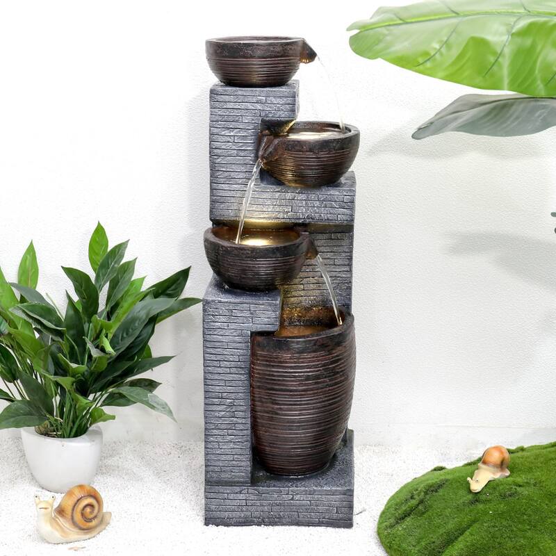 4-Tier Floor Water Fountain with LED Lights Outdoor Decor
