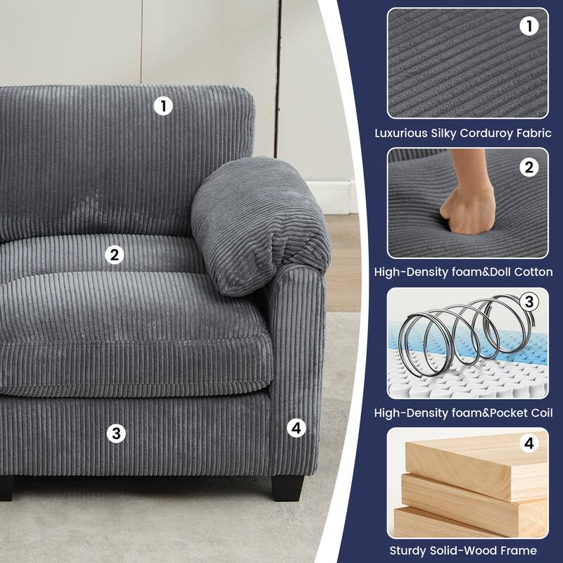 Multi-Seater Corduroy Sectional Sofa, Modular Settee, Included Removable Ottomans