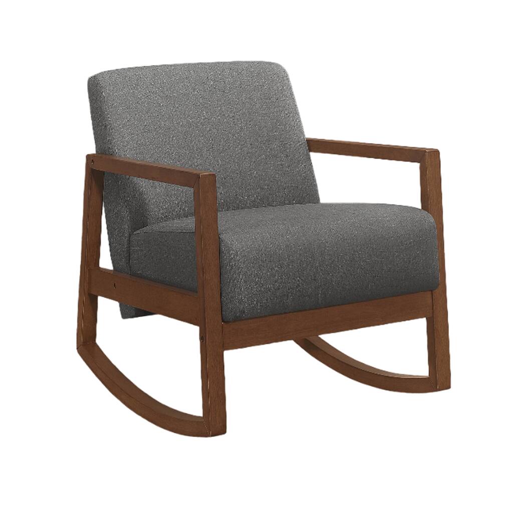 Clovi 32 Inch Rocker Accent Chair, Gray Fabric, Foam Cushions, Brown Wood