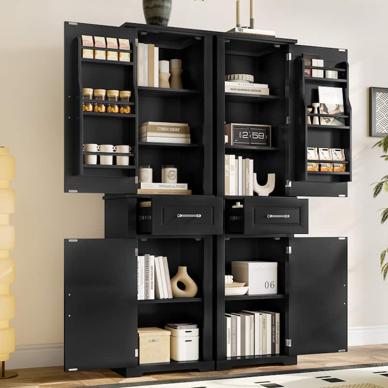 4-Door Tall Storage Cabinet - Adjustable Shelves & Door Racks, MDF Painted Finish for Bathroom/Office - Black