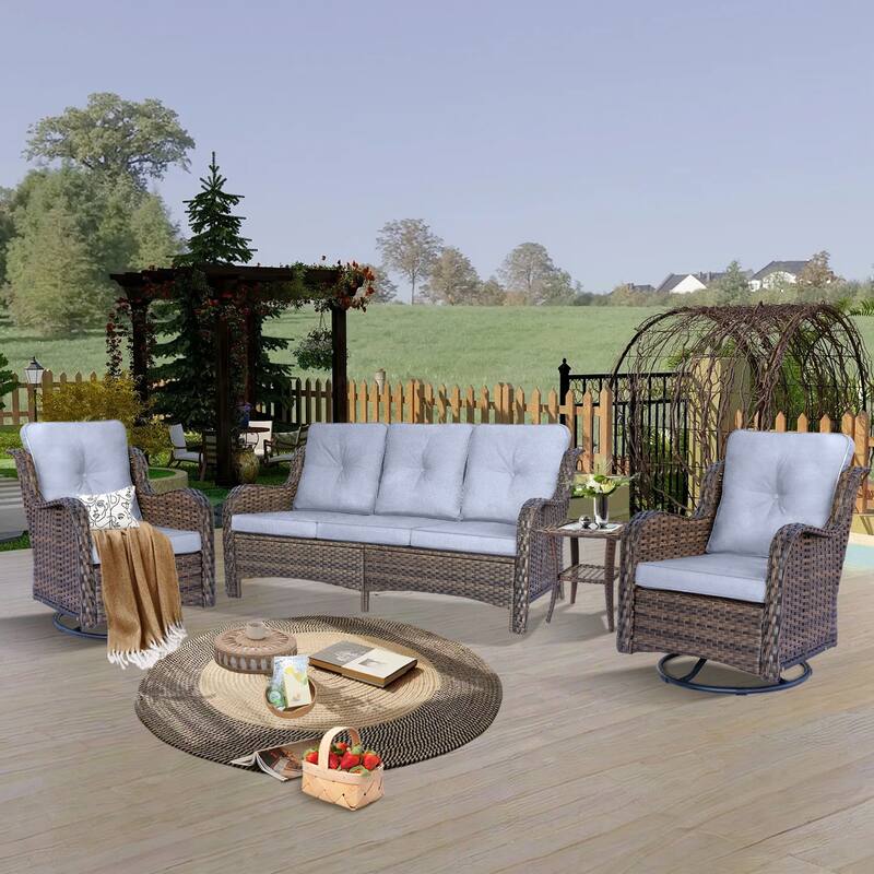 High Back 4-Piece Outdoor Wicker Patio Furniture Seating Sofa Set with Swivel Chairs - Gray-Brown Wicker
