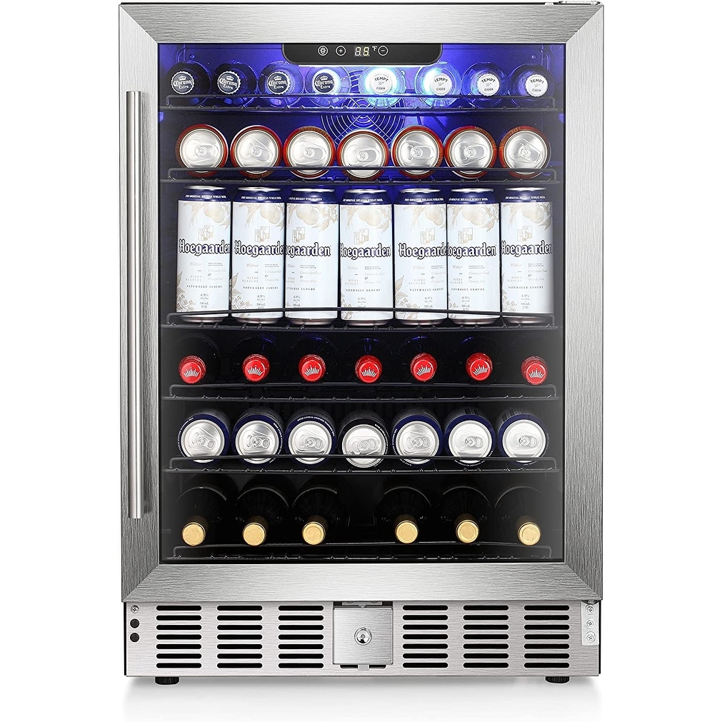 R.W.Flame 5.1Cu.Ft Soda or Beer Small Wine or Champagne Cooler Low Noise Transparent Glass Door with a Lock LED Light - 24inch