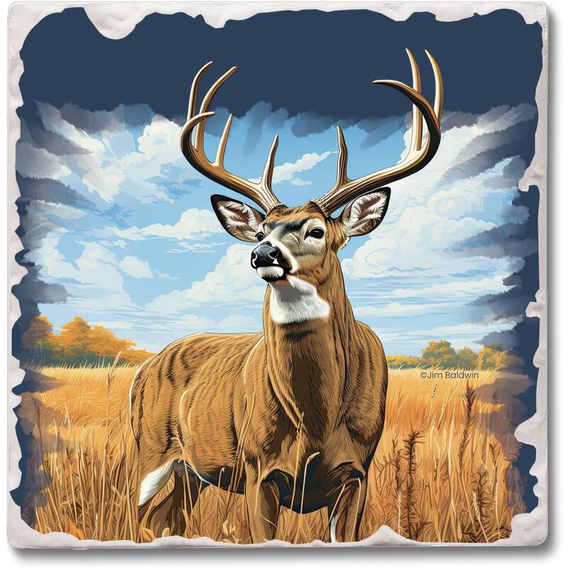 Big Deer Buck 4 Pack Tumbled Tile Stone Coaster with Protective Cork Backing Manufactured in The USA 4" Square - Multi-Color