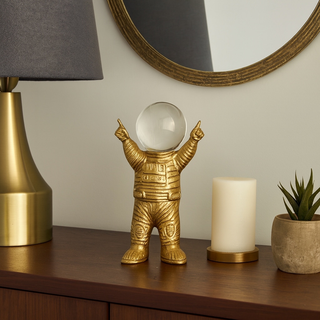 Decorative Metal Astronaut Figurine - Glass Orb Head - 9", Gold - 9.0"