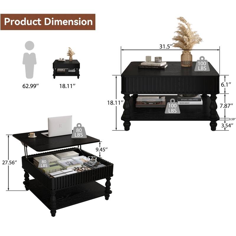 Roomfitters 31.5" Square Lift Top Coffee Table, Fluted Storage Center Table with Hydraulic Mechanism and Solid Wood Legs