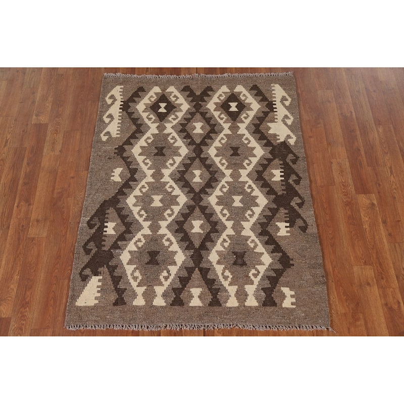 Brown Kilim Accent Rug Flatweave Geometric Wool Carpet - 3'5"x 4'5"