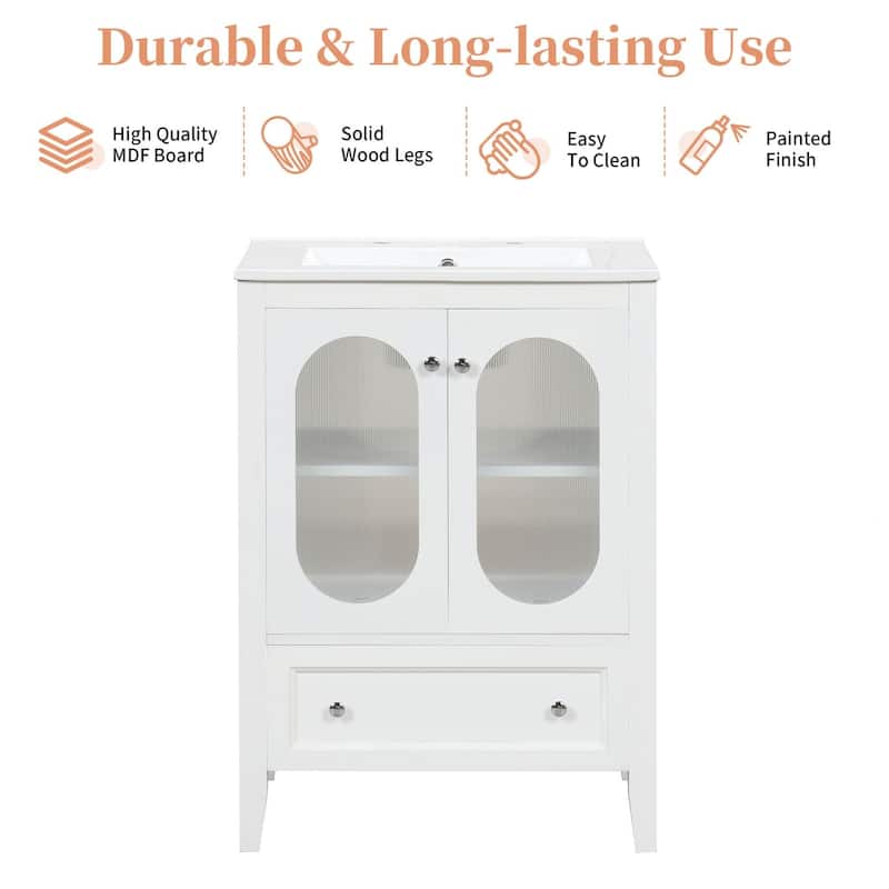 24 inch Solid Wood and MDF Freestanding Bathroom Vanity Set in White with Integrated Ceramic Sink