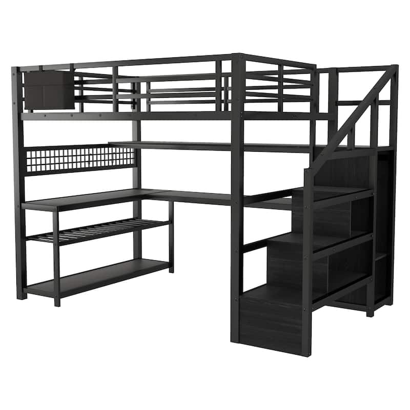 Full Size Loft Bed with Staircase and Wardrobe with Desk, Storage Shelves, LED Lights and Charge Station,Black