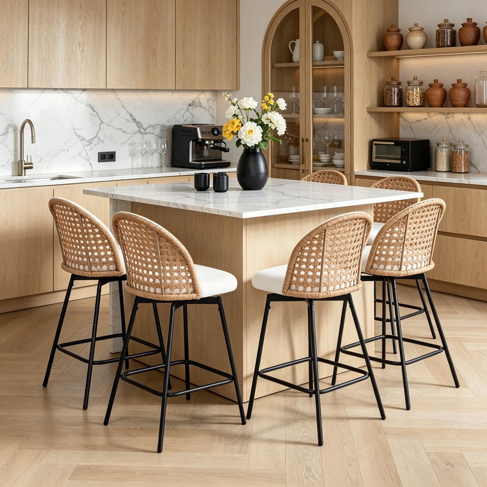 Wicker Back Swivel Bar Stool with Chenille Seat and Metal Base