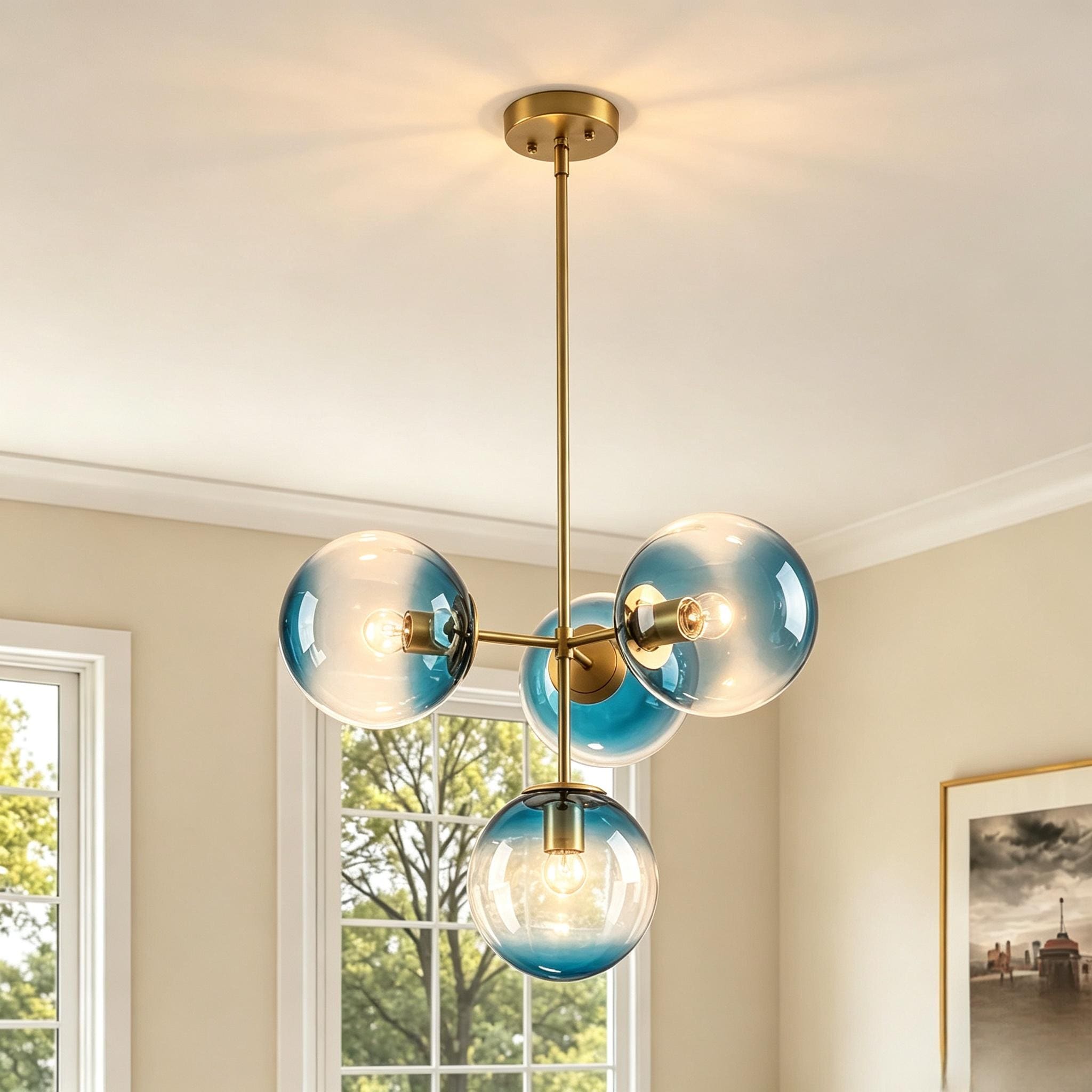 Rennnsan 4-Light Convertible Pendant Light with Blue Ombre Glass Globe Shades for Dining Room