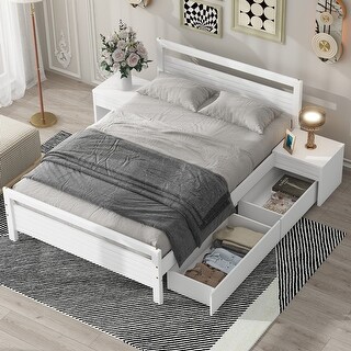 Full Wooden Platform Bed with 2-Drawers, 2-Bedside Tables & Headboard, White
