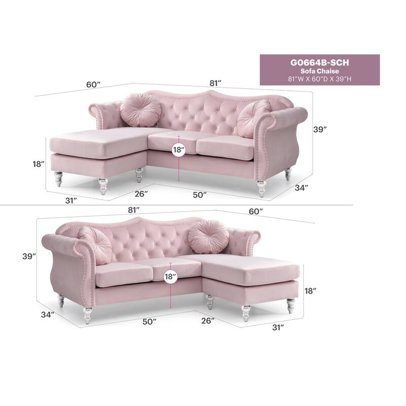 Hollywood 81 in. Velvet Chesterfield Sectional Sofa with 2-Throw Pillow - 81"L x 35"W x 34"H