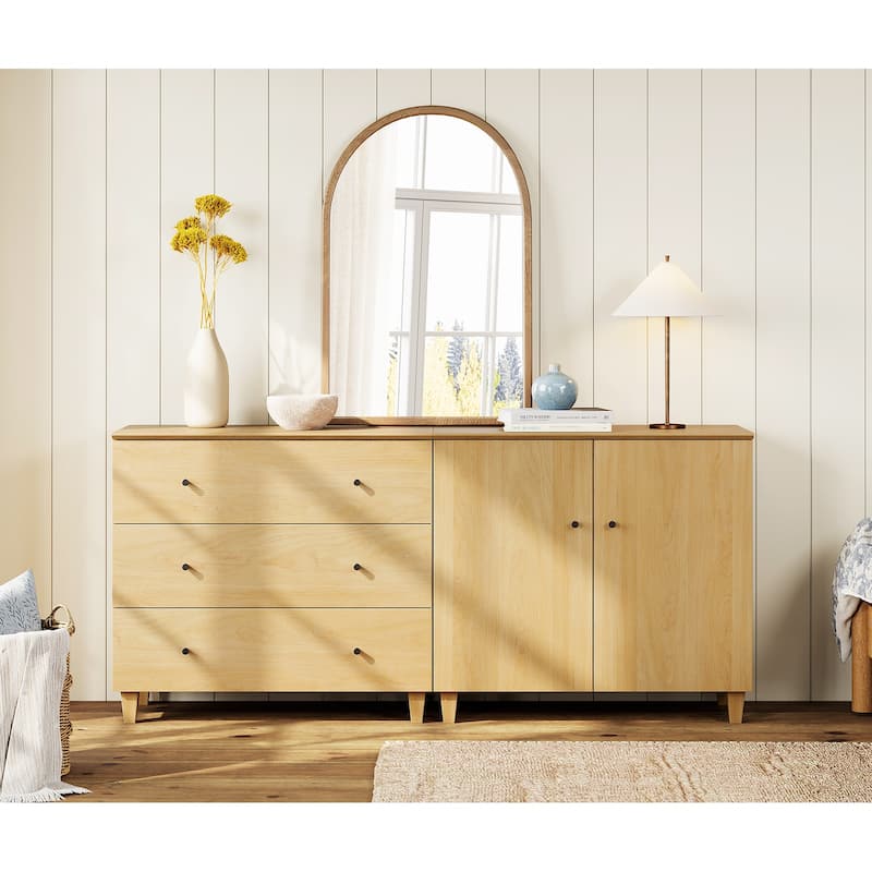 Wood Dresser with 3 Drawers and 1 Cabinet for Bedroom, 71" Wide - Oak