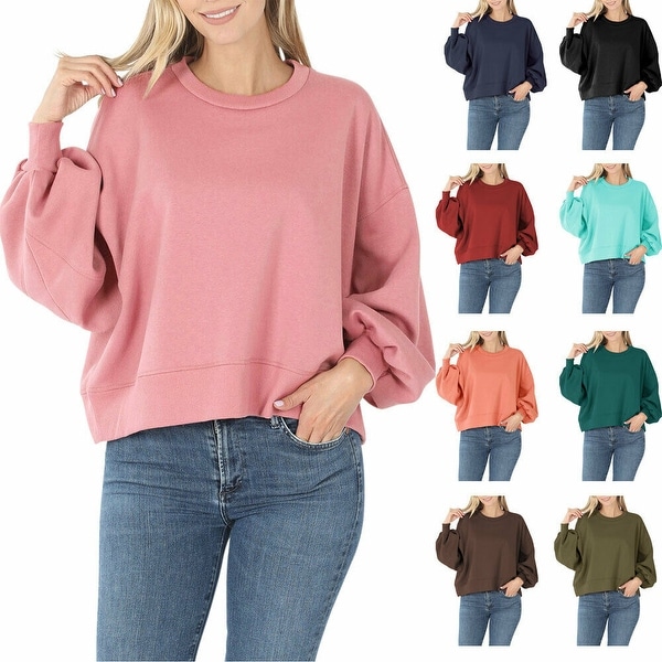 NioBe Clothing Womens Balloon Sleeve Crew Neck Pullover Short Sweatshirt. Opens flyout.