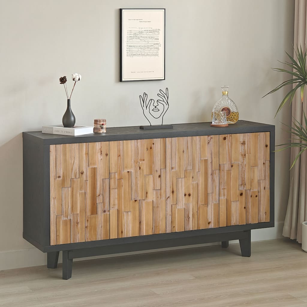 Wooden 4-Door Cabinet with Textured Geometric, Sideboard Storage Cabinet Accent Cabinet with Internal Shelving