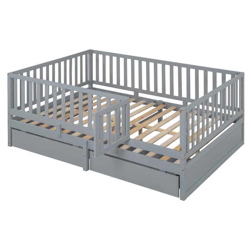 Pine Wood Daybed Floor Bed Frame with Fence Guardrails and 2 Drawers, Converts into Two Individual Beds, No Box Spring Needed