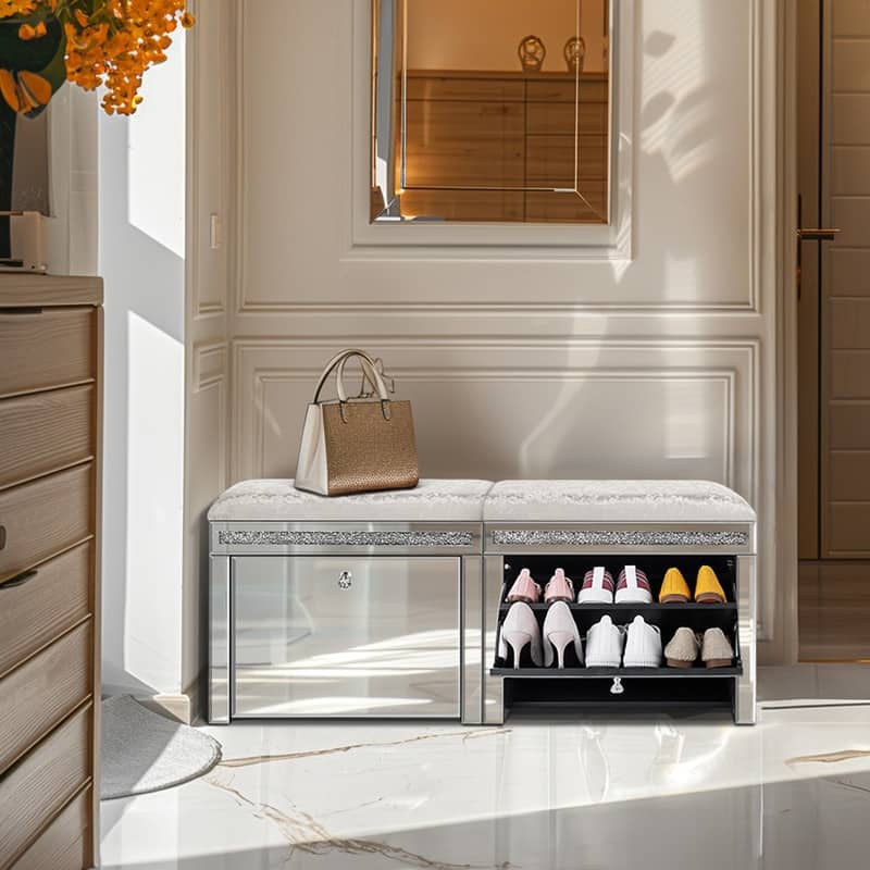 Pre-Assembled Mirrored Shoe Storage Bench with Flip Drawer Silver