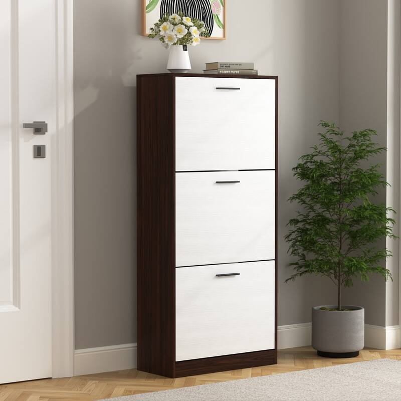 Shoe Storage Cabinet with 3 White Panel Flip Drawers, Freestanding Organizer for Entryway, Narrow Shoe Rack Cabinet - Walnut