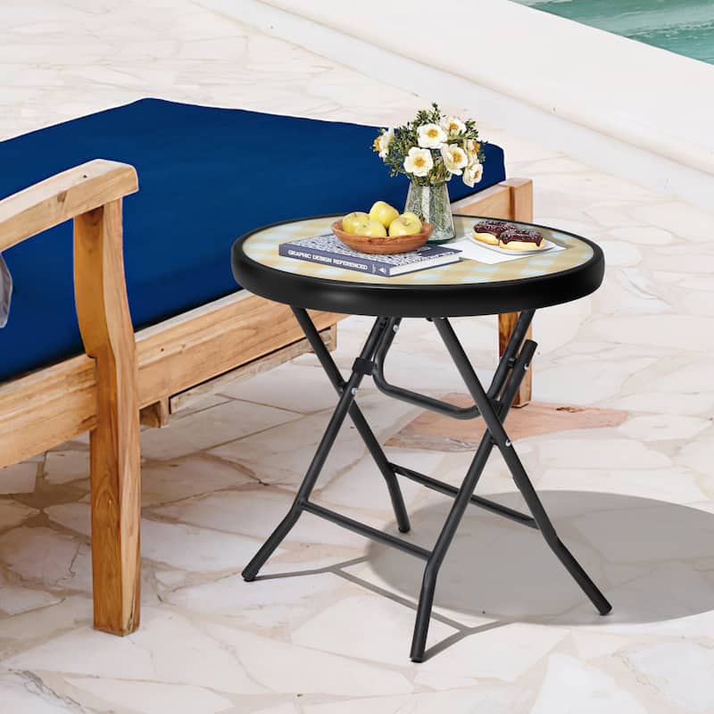 Crestlive Outdoor Side Table Patio Small Folding Table with Tempered Glass Table Top - Yellow&White - 1PC