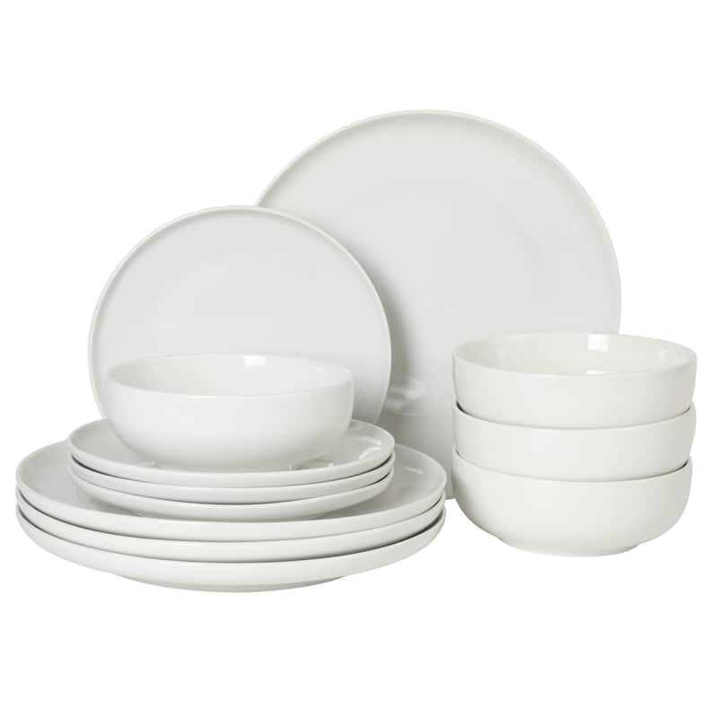 Gibson Home Havenstone 12-Piece Porcelain Dinnerware Set - Plates & Bowls, Classic White Everyday Dish Set