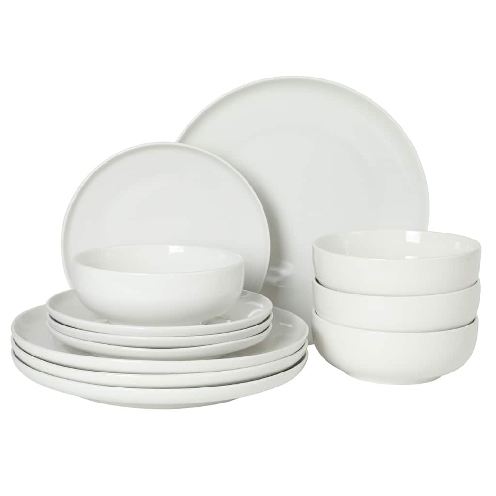 Gibson Home Havenstone 12-Piece Porcelain Dinnerware Set - Plates & Bowls, Classic White Everyday Dish Set
