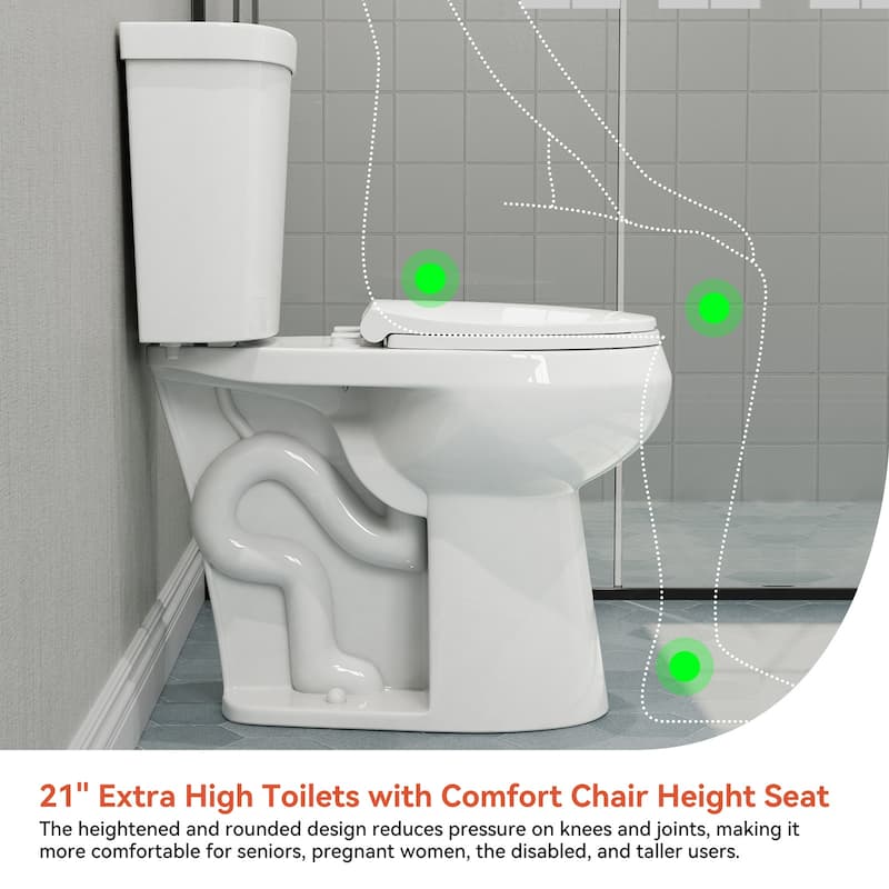 HOROW 21 in. Extra Tall 2-Piece Round Toilet in White with Comfortable Chair Height Seat and 1000g Powerful Flush - 21 Inch