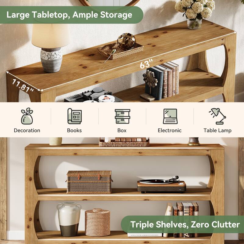 63" Solid Wood Console Table with 3-Tier Storage