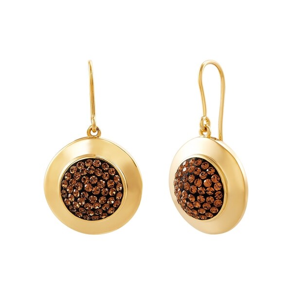 Circle Disc Earrings with Crystals in 14K Gold-Plated Bronze - Brown. Opens flyout.
