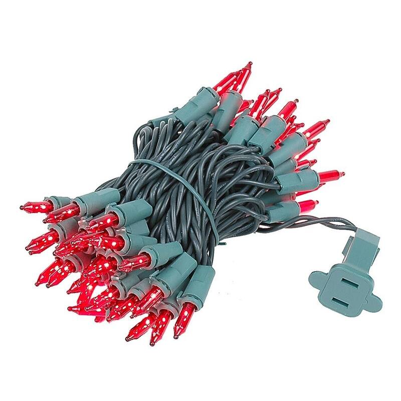 50 Light Christmas Mini Light Set, Green Wire, 11' Long - Red