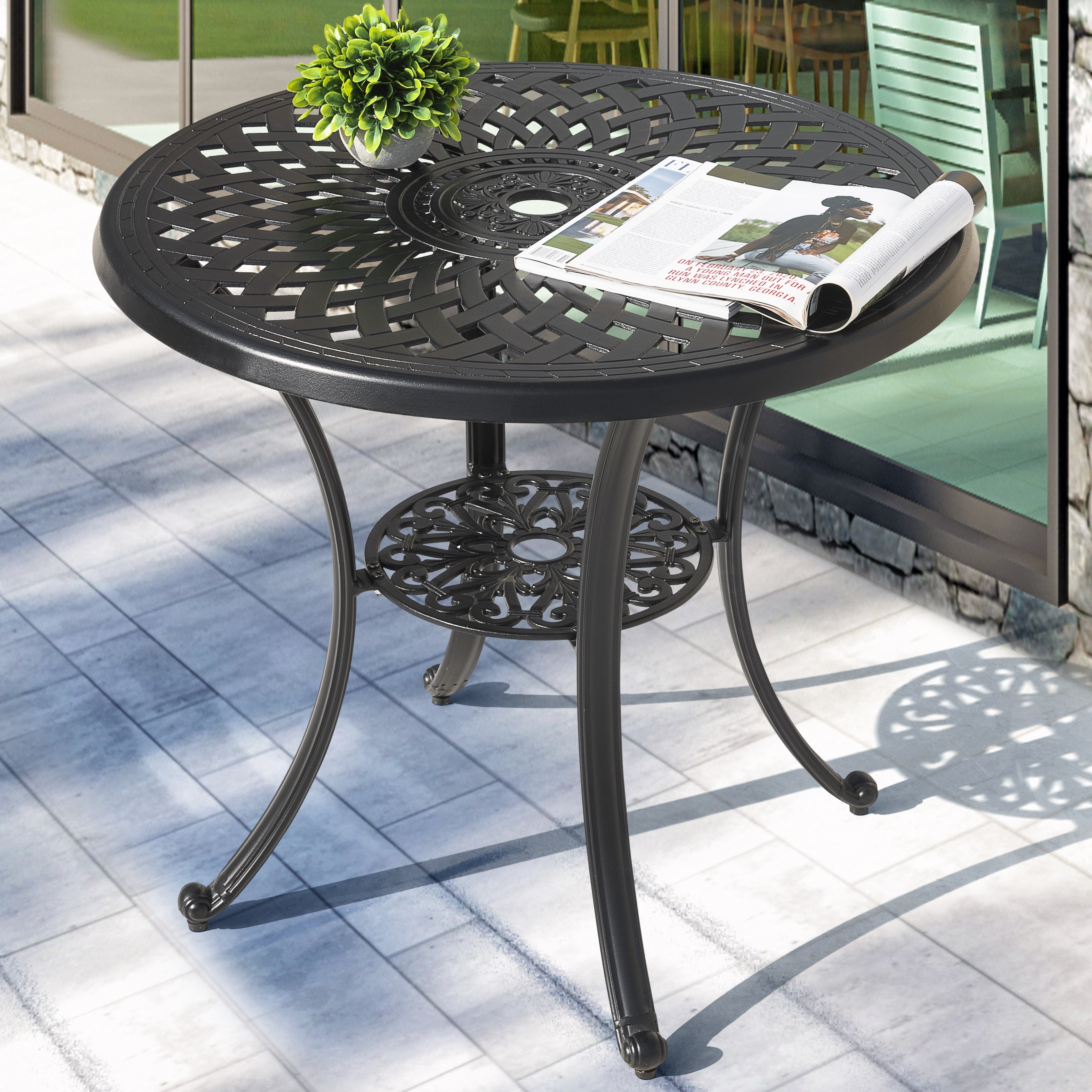 Nuu Garden Outdoor 31'' Round Cast Aluminum Patio Bistro Table with Hollow Tabletop and Umbrella Hole, Black - 31'' Round