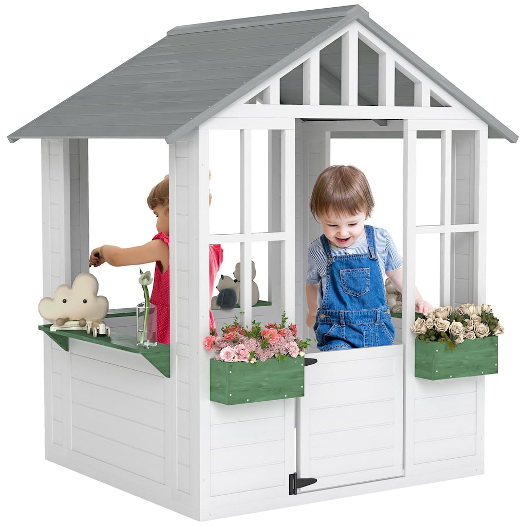 Outsunny Kids Wooden Playhouse, Outdoor Garden Games Cottage, with Working Door, Windows, Flowers Pot Holder, 47" x 38" x 54"