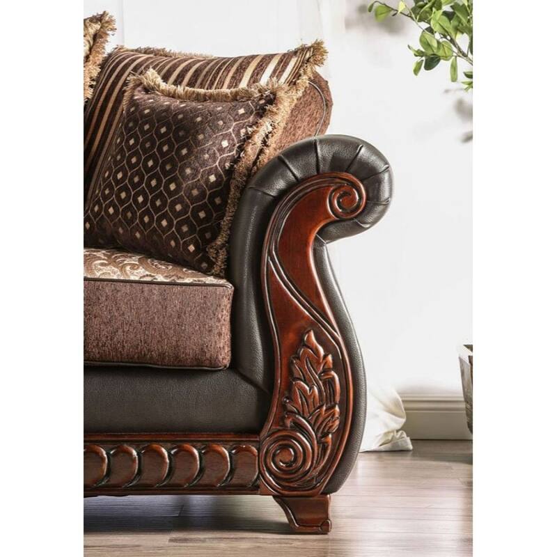 Fabric and Leatherette Loveseat with Rolled Arms in Dark Brown