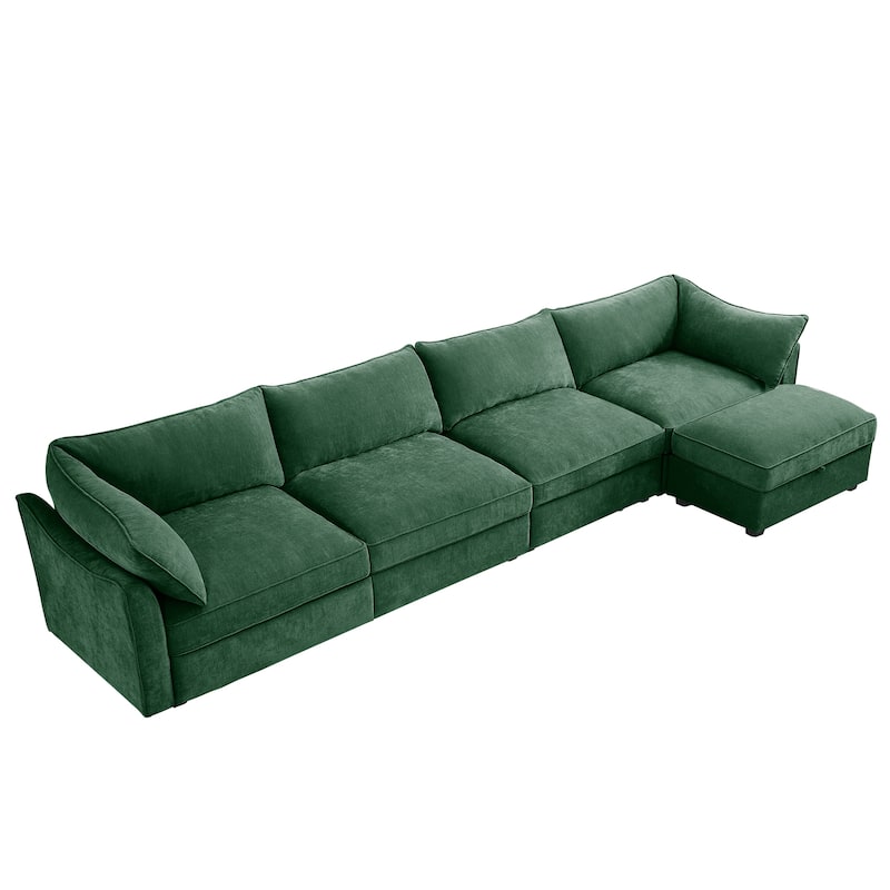 L-Shaped 4-Deep Seater Sectional Sofa Couch with 1 Movable Storage Ottoman & Pull out Drawers Under Each Seat