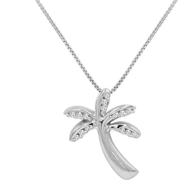 Diamond Palm Tree Pendant Necklace in Sterling Silver on an 18 in. Sterling Silver Box CHain