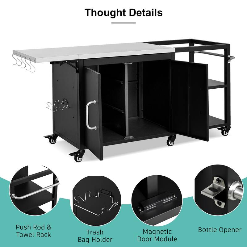 76.6" Outdoor Large Grill Cart with Storage Cabinet, Adjustable Shelf & Hooks & Bottle Opener